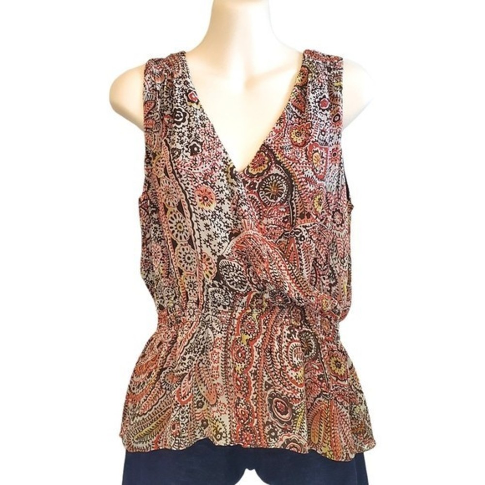 Ann Taylor Silk Blouse Sleeveless Brown Multi Color Print Faux Wrap Size‎ 4